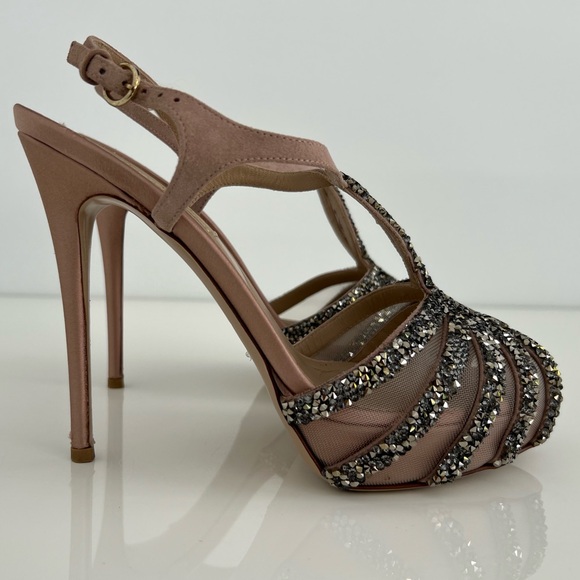 VALENTINO DUSTY PINK MAUVE TONE PLATFORM CRYSTAL SANDALS SIZE IT 37.5 / US 7.5 - Picture 5 of 17